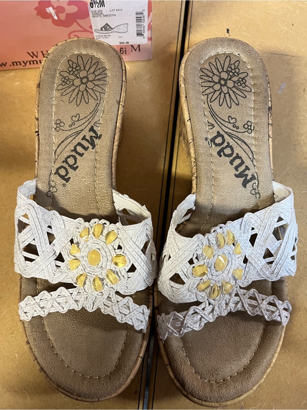 Mudd White Braided Espadrille Slide Sandals with Yellow Flower Accents